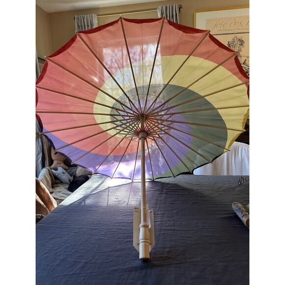 Traditional Vintage Japanese umbrella whirlpool 22” wood handle rainbow Chinese - Picture 8 of 16